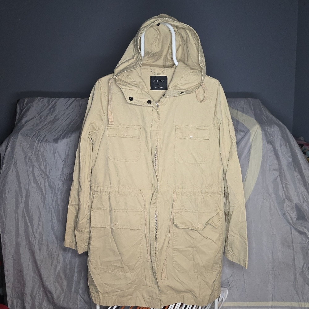 Love Tree Lightweight Hooded Utility Jacket-Womens SMALL-Tan-rain,fall,long coat
